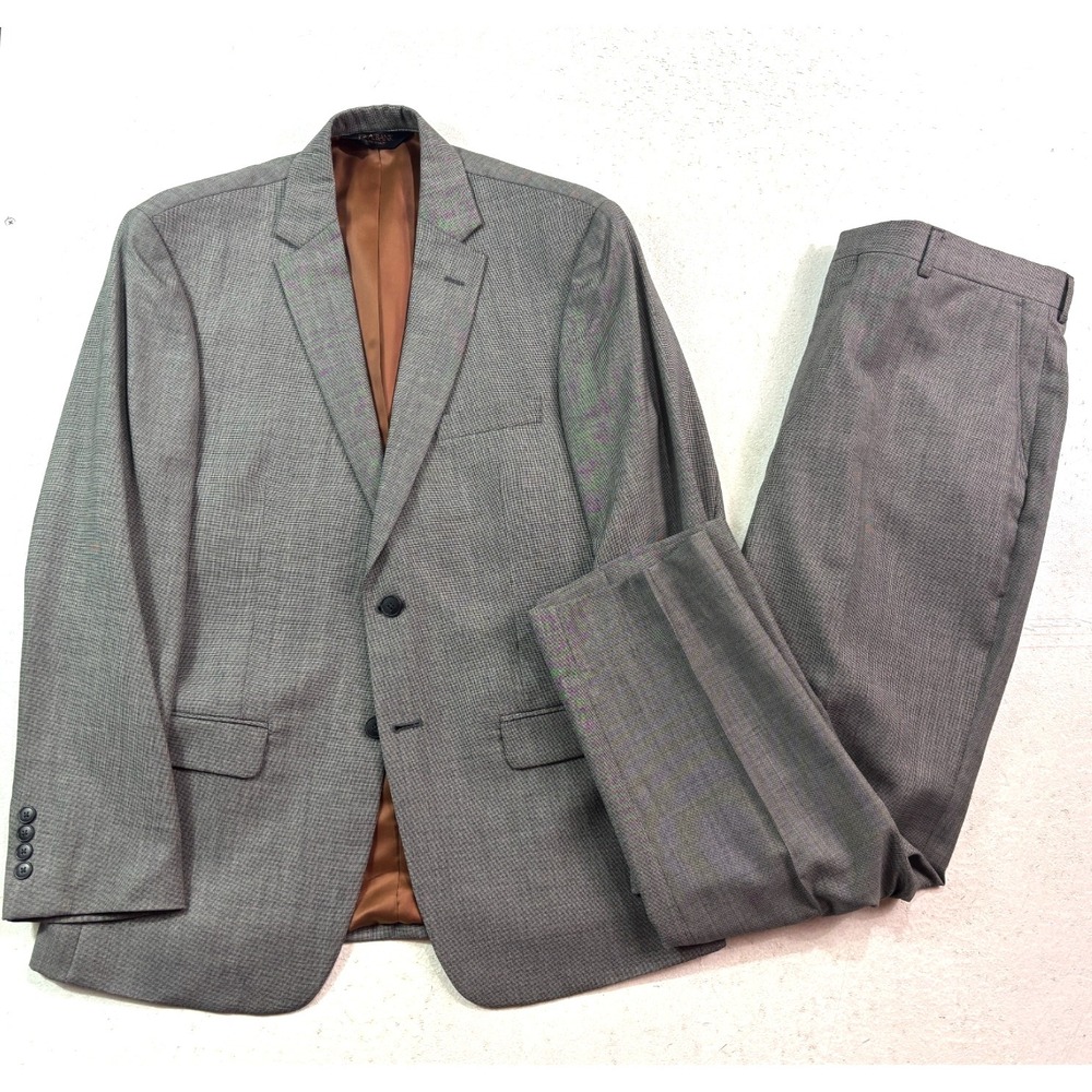 Jos A Bank 40R 41R 35x30 Gray Nailhead 2pc Pant Suit Wool Slim Fit Flat Front